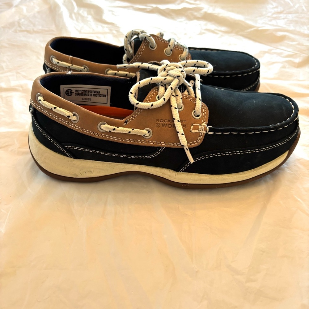 NWOT Rockport Works sailing club navy tan slip resistant SZ 7.5 Safety shoes - Picture 2 of 13